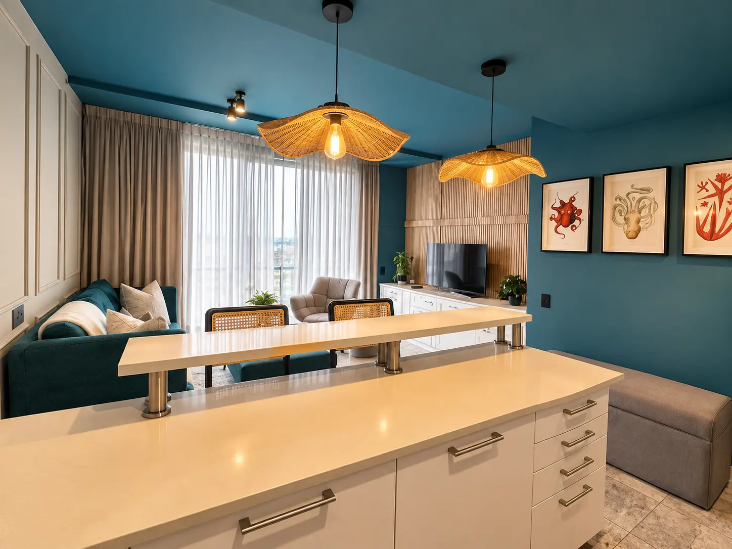 Kitchen island with woven pendant lights